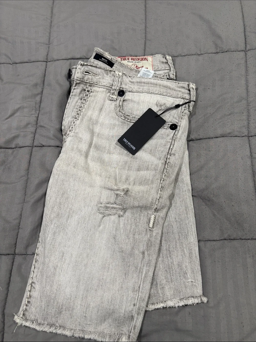 True Religion Men’s Light Gray Slim Straight Distressed Jeans
